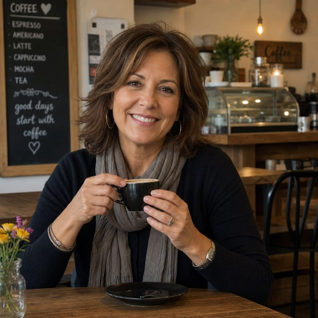 A confident mature woman smiling warmly while holding a cup of coffee in a cozy cafe